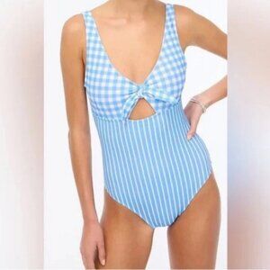 J. Crew Factory Cut Out Bow Plaid Striped Blue White One Piece Swimsuit Large